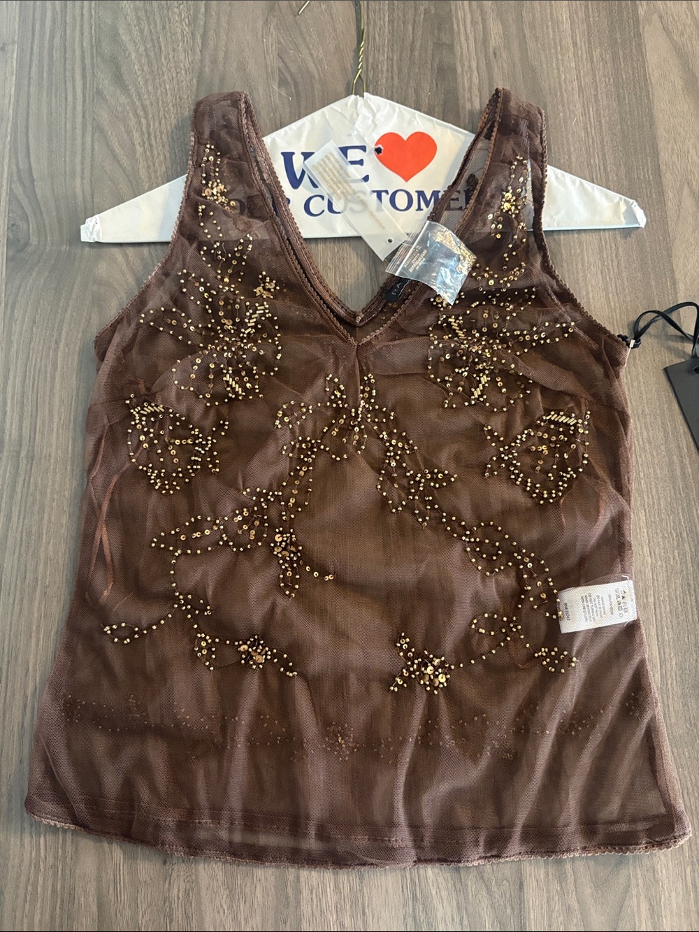 Sheer Embellished Brown V-Neck Mesh Tank Top - Picture 6 of 17